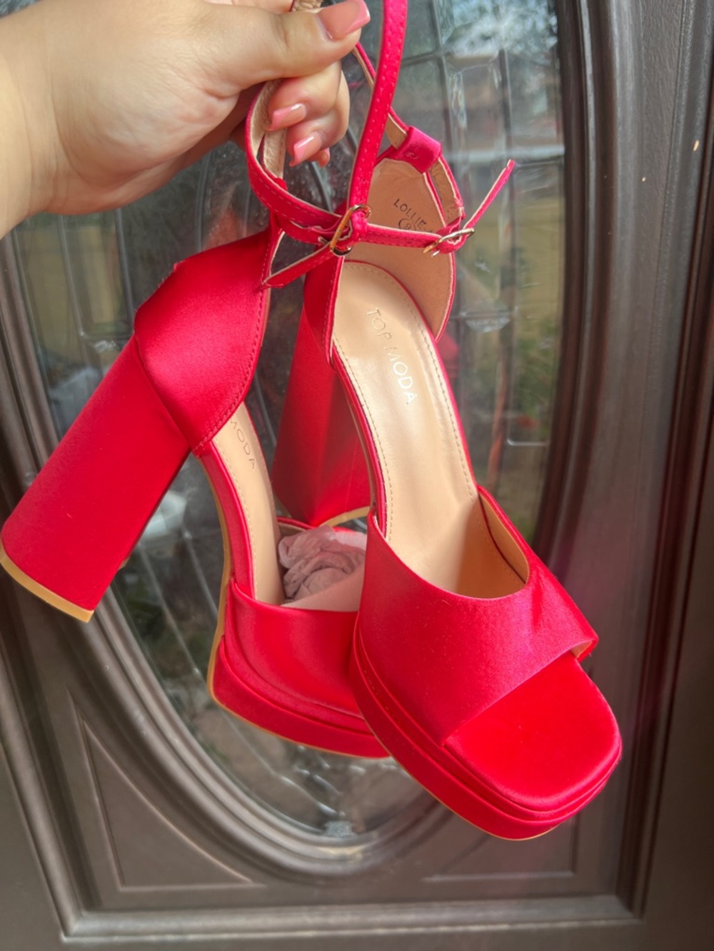 TOP Moda fushia Satin Platform Block Heel Sandals